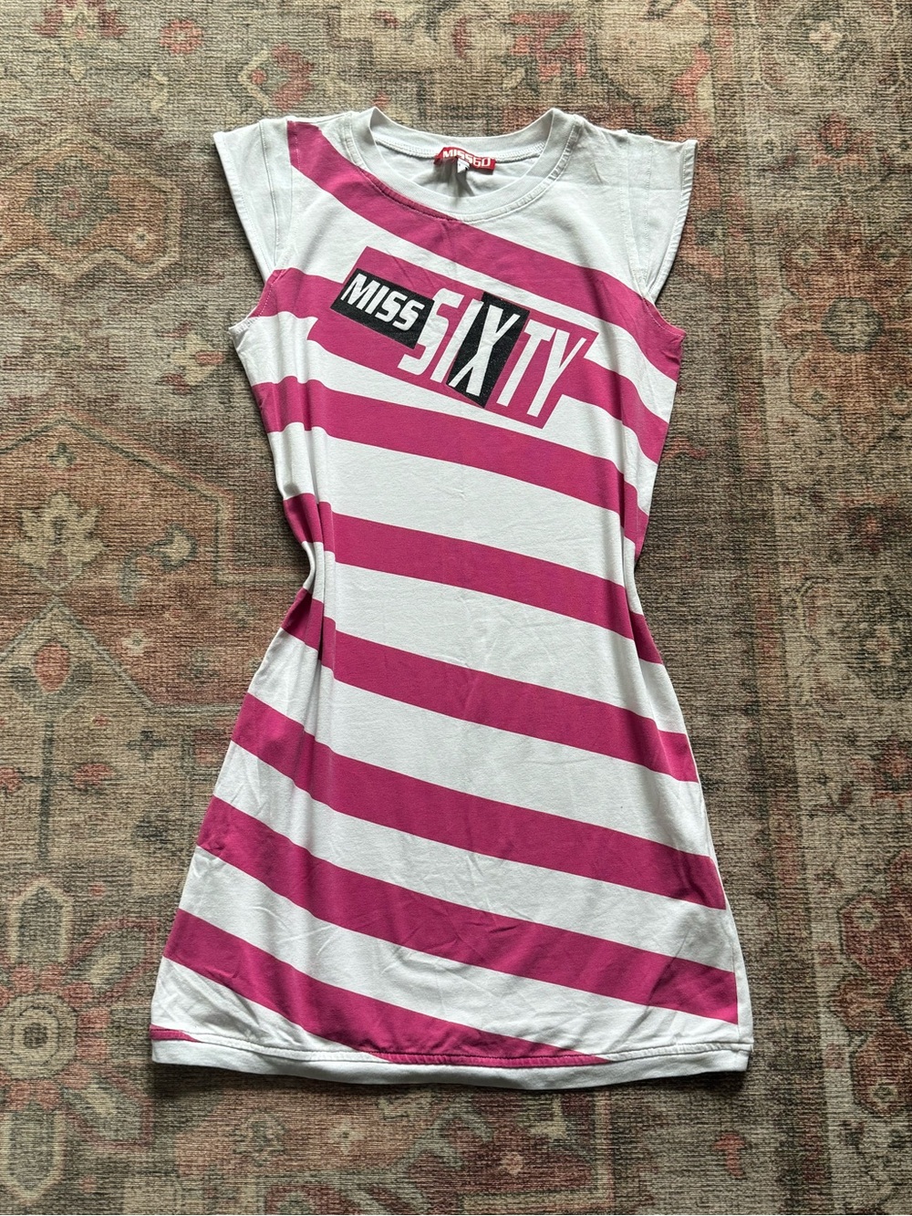 Y2K Miss Sixty White & Hot Pink Diagonal Stripe Tee Dress